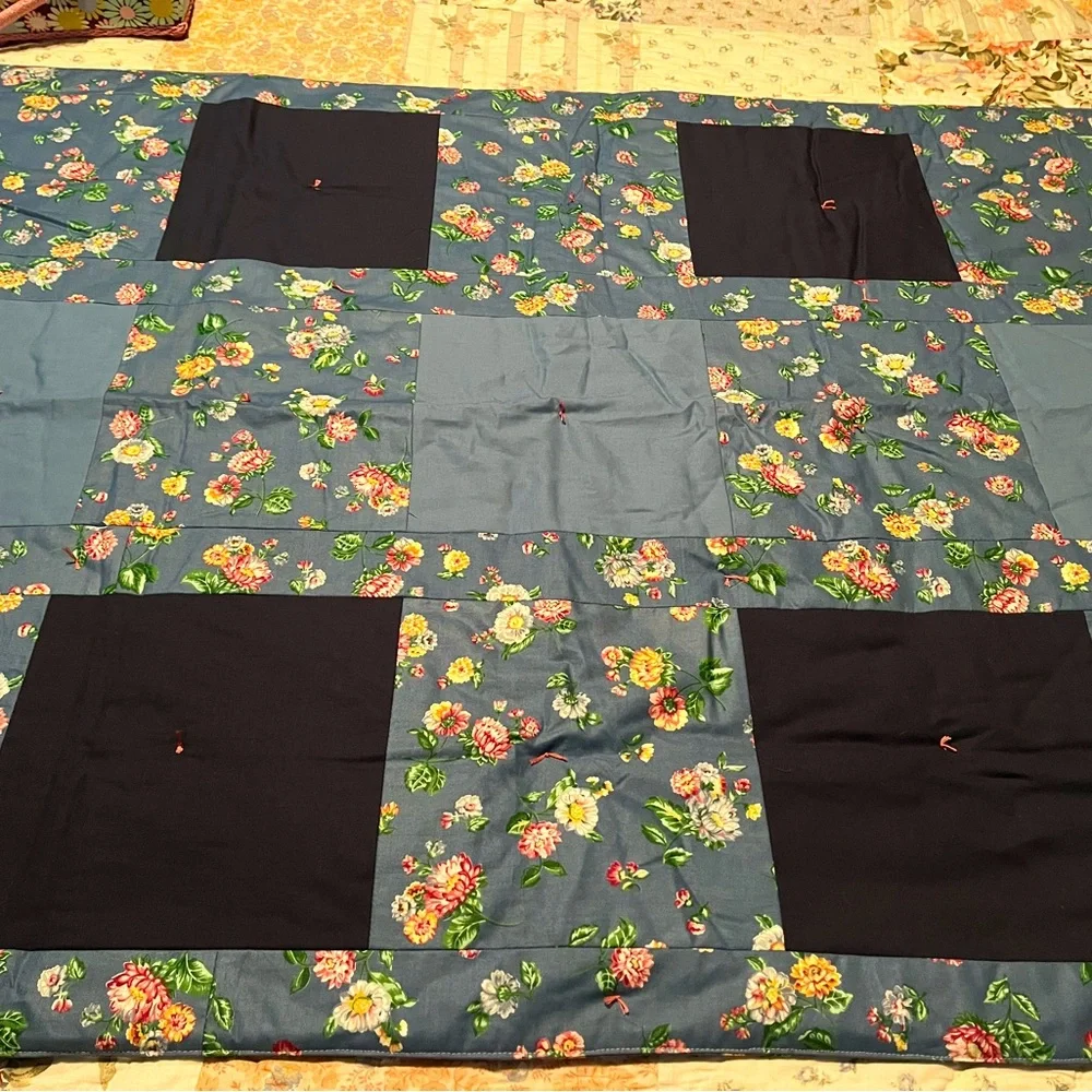 Quilted Lap Blanket NEWLY MADE Light Blue Dark Blue Flowers